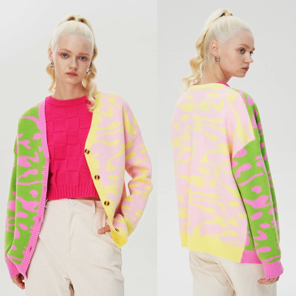Cider Retro Lava Lamp Pastel Swirl Color Block Cardigan Pink Size Small Dopamine